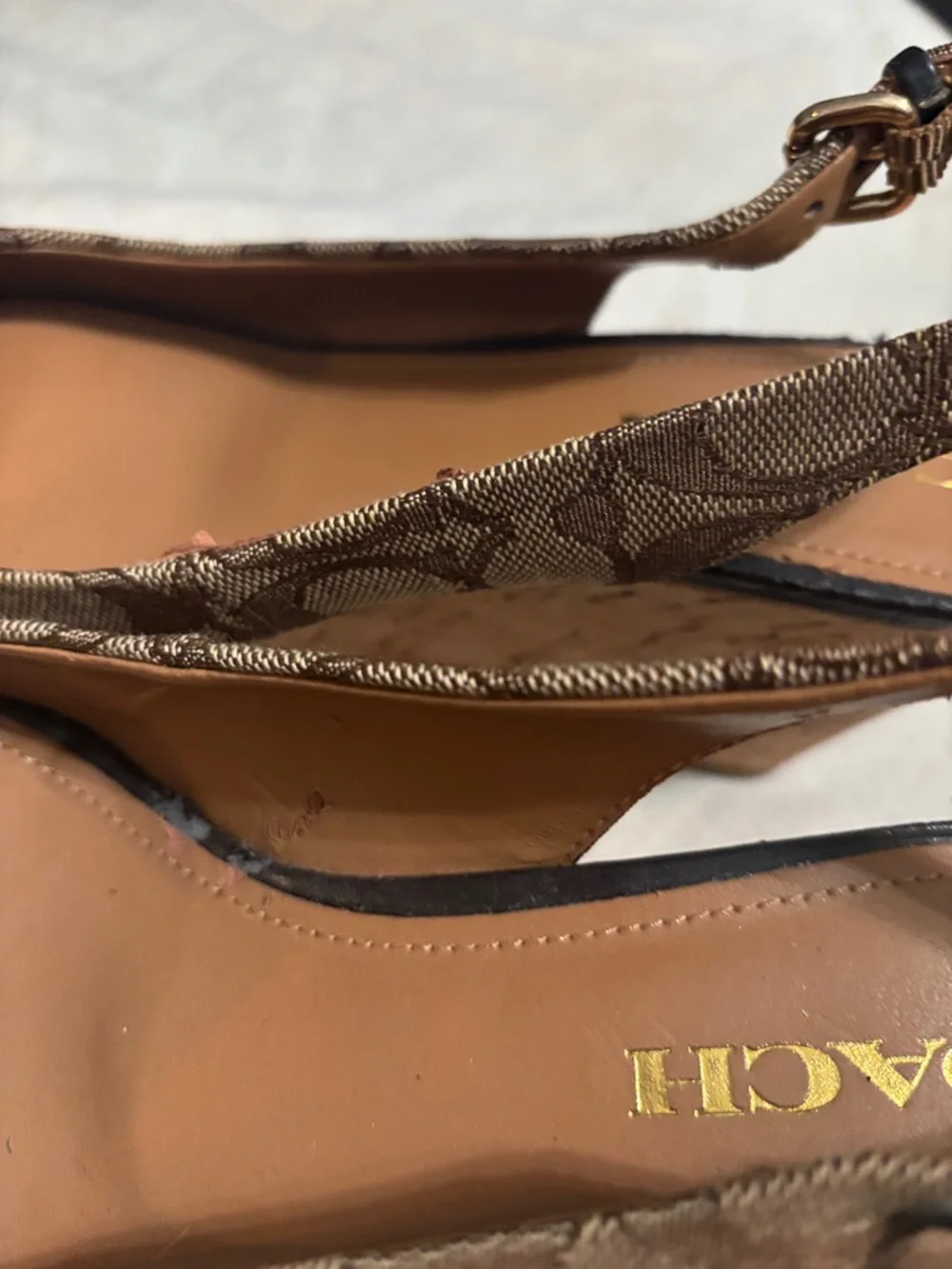 COACH Brown Signature Canvas Peep-Toe Slingback Wedges - Picture 4 of 7